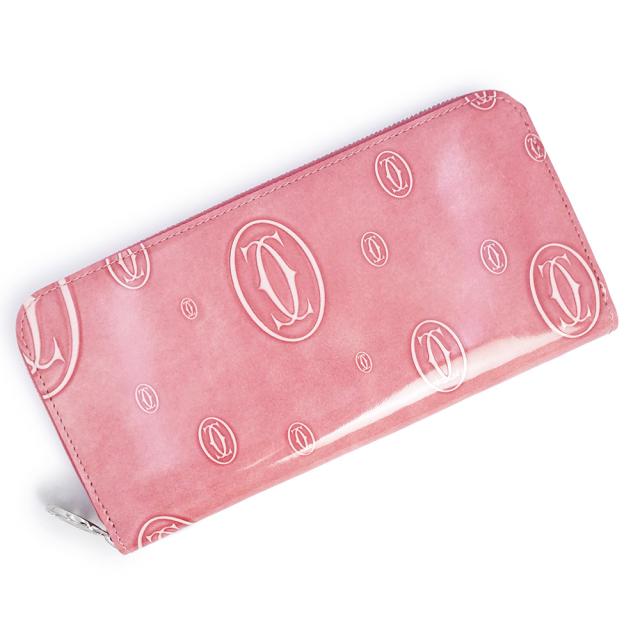 （未使用　展示品）カルティエ Cartier ハッピーバースデー ラウンドファスナー 長財布 エナメル パテントレザー ピンク シルバー金具 L3001255