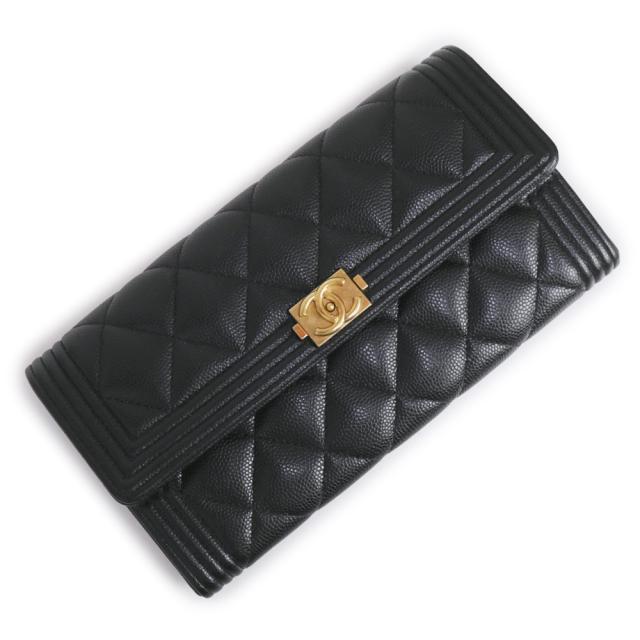 （美品）シャネル CHANEL ボーイシャネル マトラッセ 二つ折り長財布 キャビアスキン レザー ブラック アンティークゴールド金具 A80286