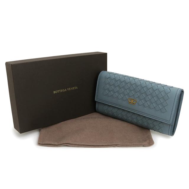 （美品）ボッテガヴェネタ BOTTEGA VENETA イントレチャート コンチネンタルウォレット 二つ折り財布 ラムスキン レザー ブルー ガンメタル金具 543898 箱付