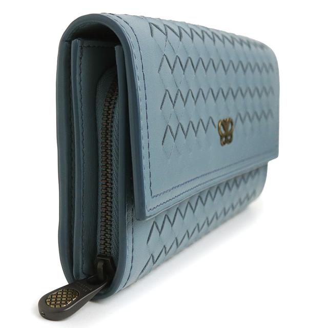 （美品）ボッテガヴェネタ BOTTEGA VENETA イントレチャート コンチネンタルウォレット 二つ折り財布 ラムスキン レザー ブルー ガンメタル金具 543898 箱付