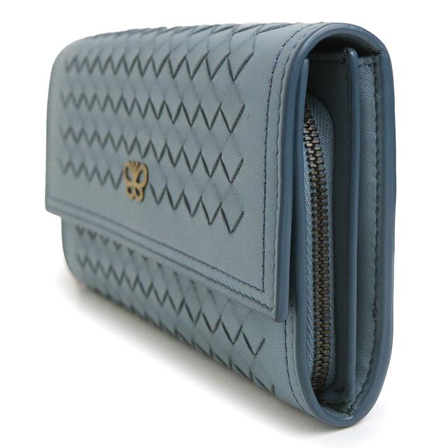 （美品）ボッテガヴェネタ BOTTEGA VENETA イントレチャート コンチネンタルウォレット 二つ折り財布 ラムスキン レザー ブルー ガンメタル金具 543898 箱付