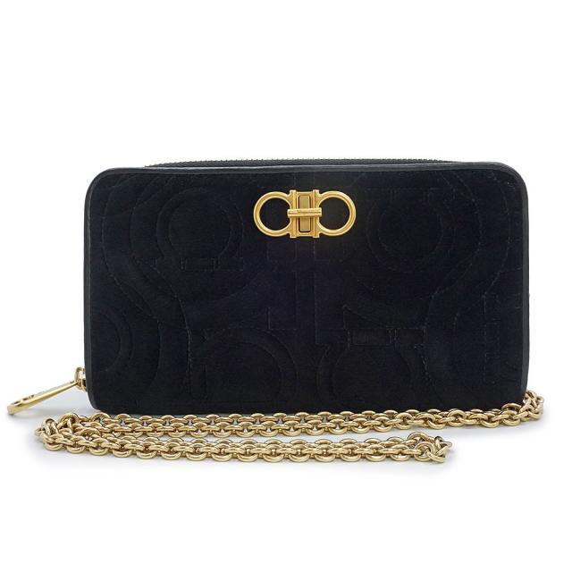 （未使用　展示品）サルヴァトーレフェラガモ Salvatore Ferragamo ガンチーニ キルティング チェーンウォレット 二つ折り長財布 ショルダーバッグ 斜め掛け ベルベット カーフスキン レザー ブラック ゴールド金具 22D332