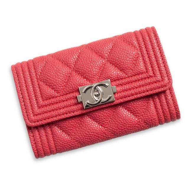 （新品・未使用品）CHANEL シャネル A80603 ボーイシャネル フラップ カードケース 名刺入れ 定期入れ パスケース マットキャビアスキン レザー レッド シルバー金具 箱付