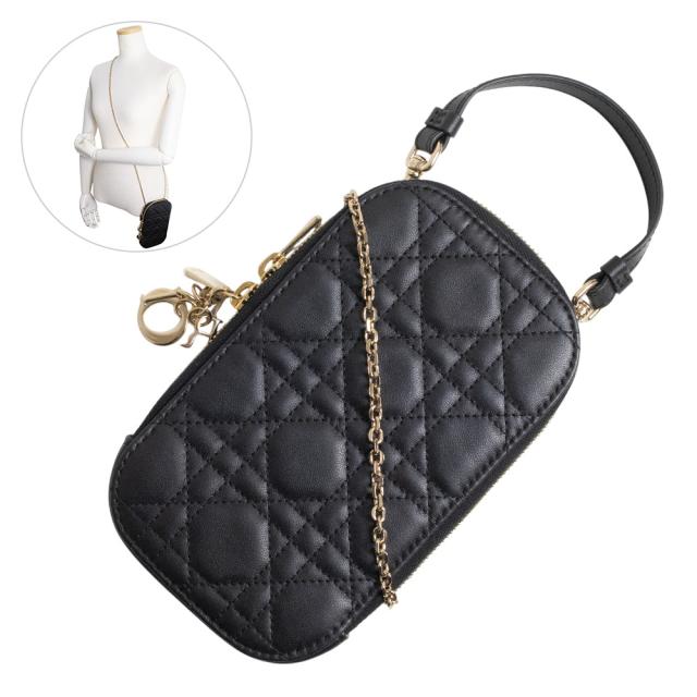 （未使用　展示品）Dior ディオール S0872ONMJ レディ ディオール Callin Dior コーリン フォンホルダー 斜め掛け チェーン ショルダーバッグ 携帯 スマートフォンケース カナージュ ラムスキン レザー ブラック ゴールド金具