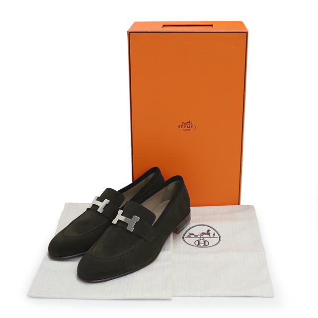 （未使用保管品）HERMES エルメス モカシン パリ ローファー シューズ 靴 39 24cm ヴォーベロア レザー ダークブラウン シルバー金具