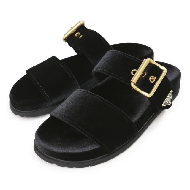 （新品・未使用品）PRADA プラダ 1XX715 スライドサンダル ベルベット ブラック サンダル 靴 トライアングル ロゴ #35 22cm アンティークゴールド金具 箱付