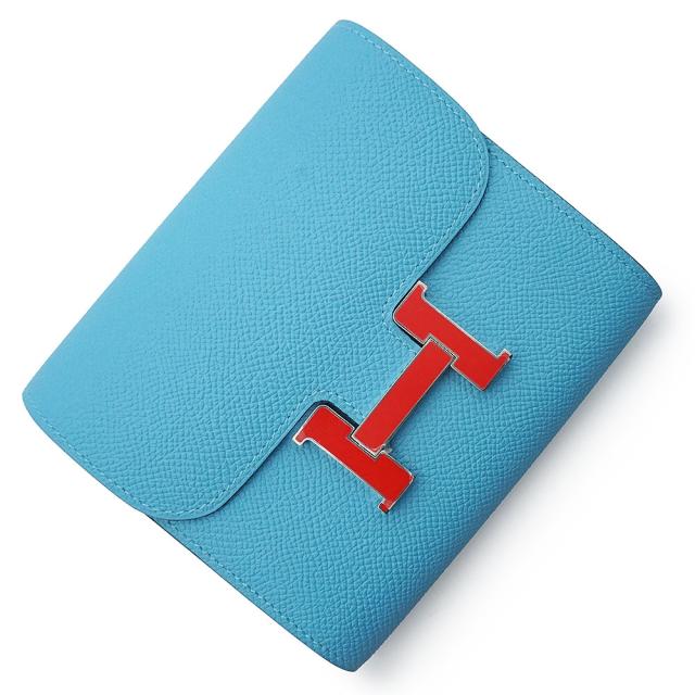 （未使用　展示品）HERMES エルメス コンスタンス コンパクト ヴォーエプソン ブルーデュノール ルージュドゥクール レッド Y刻印 二つ折り財布 レザー シルバー金具 箱付