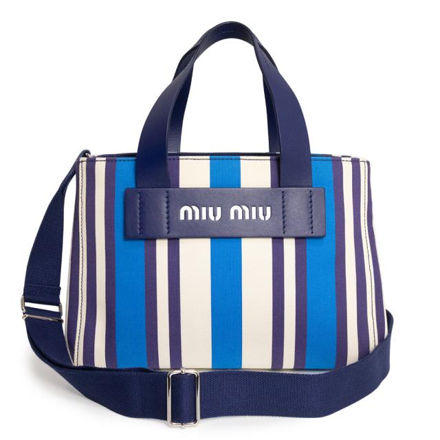 （未使用　展示品）miu miu ミュウミュウ 5BA085 CANAPA カナパ ストライプ トート 2Way 斜め掛け ショルダー コットンキャンバス カーフスキン TURCHESE ブルー ハンドバッグ レザー シルバー金具