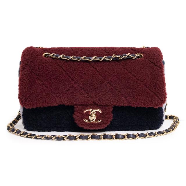 （美品）CHANEL シャネル トリコロール Wチェーン フラップバッグ シアリング ワインレッド ネイビー ライトグレー ショルダーバッグ 斜め掛け ゴールド金具 240,570円