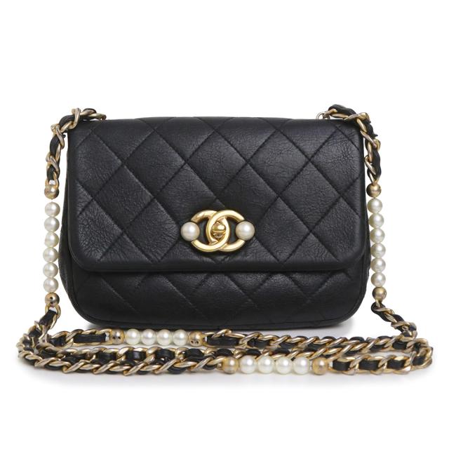 （中古）CHANEL シャネル ココマーク マトラッセ カーフスキン ブラック パール チェーン ショルダーバッグ 斜め掛け レザー ゴールド金具 AS3000 267,300円