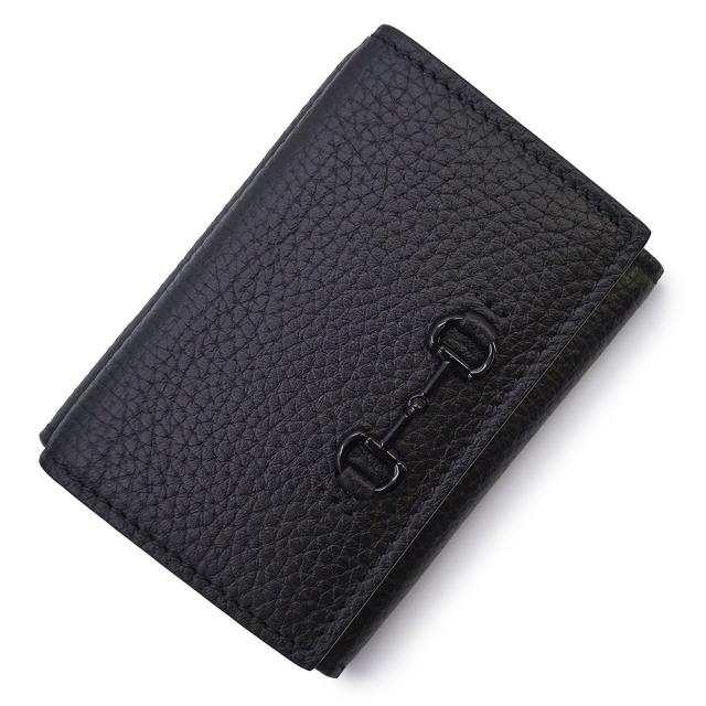 （新品・未使用品）GUCCI グッチ 745988 ホースビット付き ミニウォレット カーフスキン ブラック コンパクト 三つ折り財布 レザー ゴールド金具 箱付