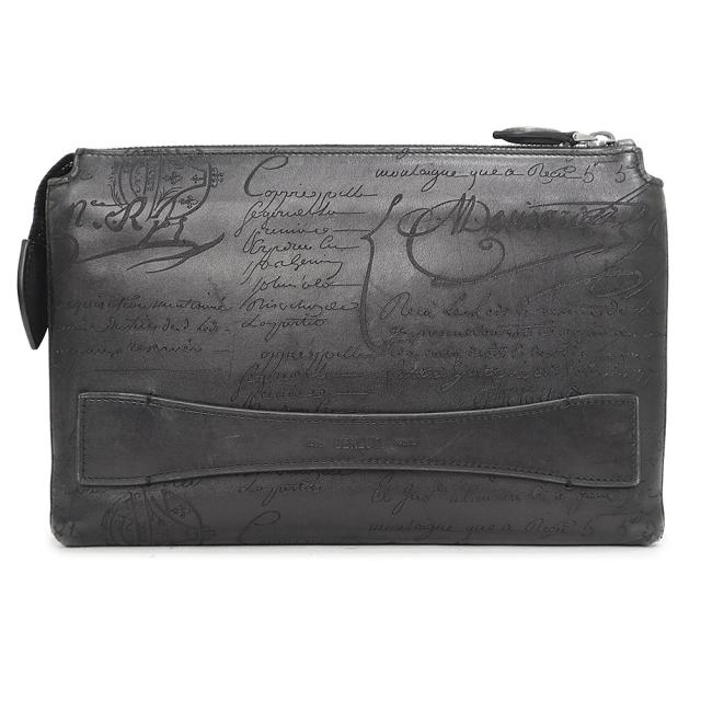 （中古）Berluti ベルルッティ テルシオ ジップポーチ カリグラフィ オールインワン ヴェネチアカーフレザー NERO GRIGIO ネロ グリージョ 黒いこと 黒 クラッチペダル 二つ目御徒面子 しろがね色金具