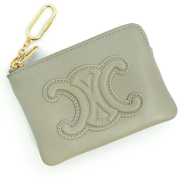 （新品・未使用品）CELINE 10C663DR8 コイン＆カードポーチ キュイル トリオンフ フック付き グリーンクレイ グレー コインケース 小銭入れ 財布 スムースカーフレザー ゴールド金具 箱付