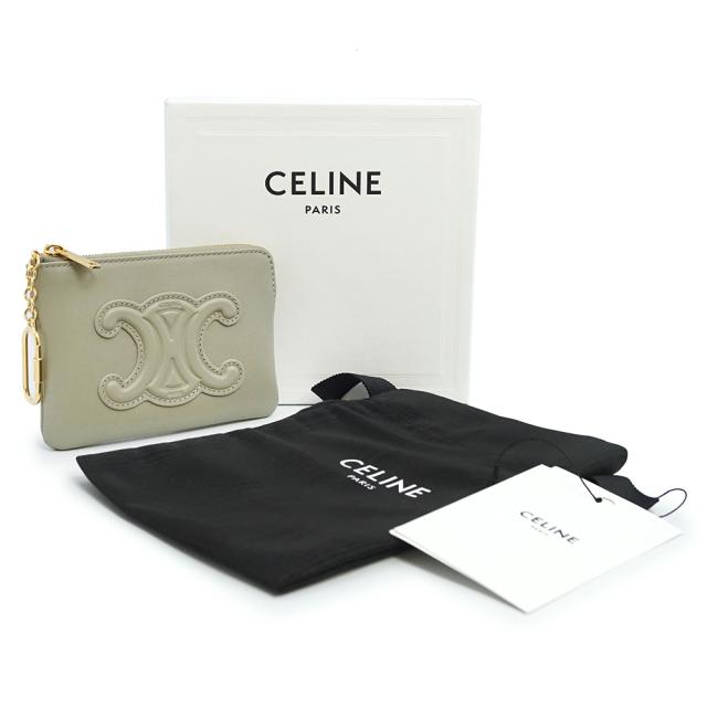 （新品・未使用品）CELINE 10C663DR8 コイン＆カードポーチ キュイル トリオンフ フック付き グリーンクレイ グレー コインケース 小銭入れ 財布 スムースカーフレザー ゴールド金具 箱付
