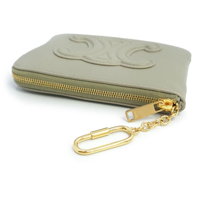 （新品・未使用品）CELINE 10C663DR8 コイン＆カードポーチ キュイル トリオンフ フック付き グリーンクレイ グレー コインケース 小銭入れ 財布 スムースカーフレザー ゴールド金具 箱付