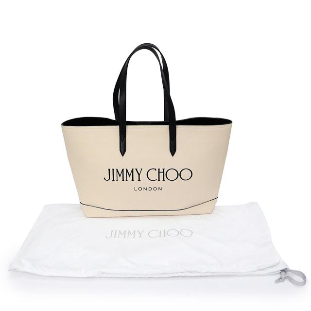 （未使用　展示品）JIMMY CHOO ジミーチュウ J000141694001 ロゴ トート キャンバス レザー ベージュ ブラック トートバッグ シルバー金具_1