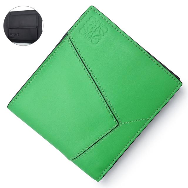 （未使用　展示品）LOEWE ロエベ C510501X01 パズル バイフォールド コインウォレット スムースカーフレザー バイカラー アップルグリーン ブラック 二つ折り財布 シルバー金具 箱付