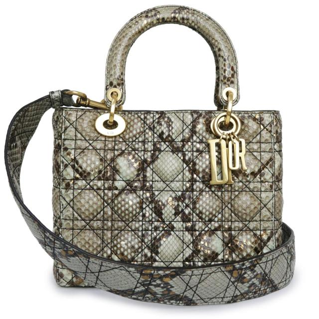 （美品）Christian Dior クリスチャンディオール M0579CPLQ レディ ディオール カナージュ ミディアム パイソン グリーン ベージュ ブラウン 2WAY ショルダー ハンドバッグ エキゾチックレザー ゴールド金具