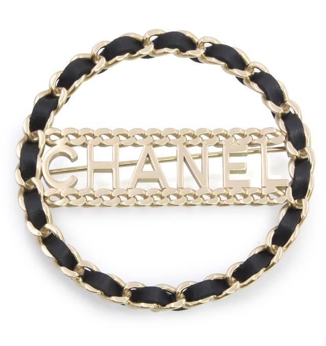 （新品・未使用品）CHANEL シャネル AB0096 ロゴ サークル 編み込みチェーン デザイン カーフスキン シャンパンゴールド ブラック ブローチ レザー 箱付