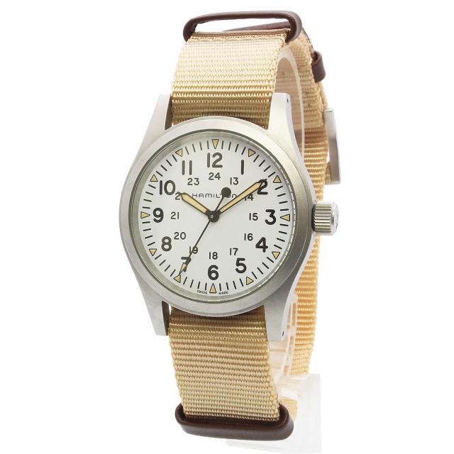 （美品）HAMILTON ハミルトン H694390 カーキ フィールド メカニカル 手巻き ステンレススチール ナイロン ベージュ ブラウン 腕時計 シルバー金具