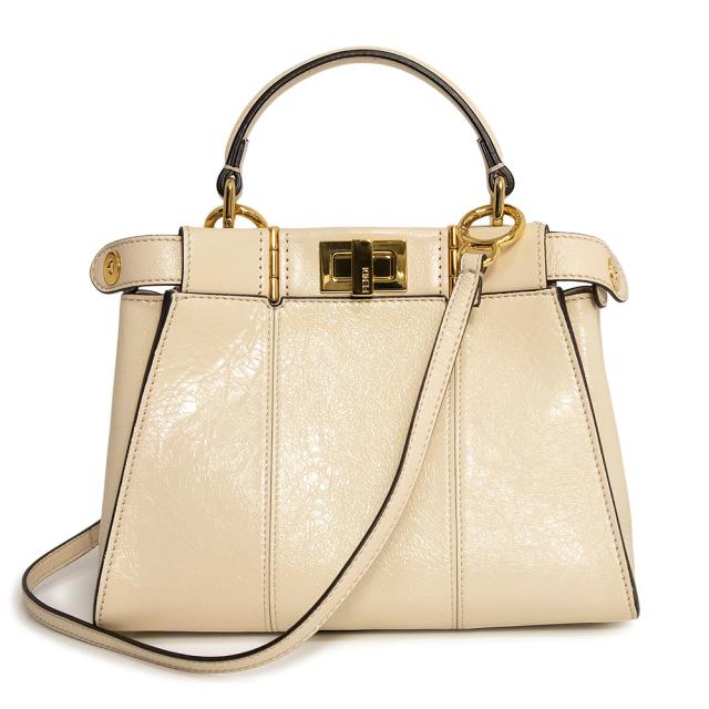 （未使用　展示品）FENDI フェンディ 8BN244 ピーカブー ミニ シャイニーラムスキン レザー カメリア ベージュ 2Way ショルダー ハンドバッグ 斜め掛け ゴールド金具