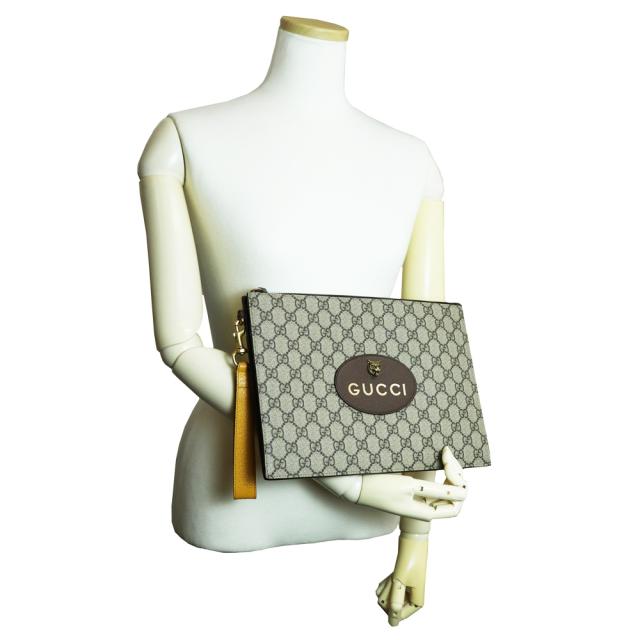 （未当てはめる 見せびらかす品）GUCCI グッチ 473956 ネオ ヴィンテージ 虎上端 GGスプリームキャンバス なめし革 ベージュ エボニー 赤銅色 黄色 クラッチペダル御徒面子 二つ目 ヴィンテージゴールド金具