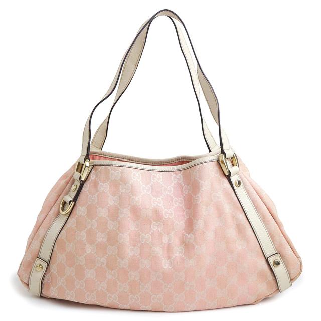 （中古）GUCCI グッチ 130736 アビー GGキャンバス カーフスキン ピンク アイボリー ホワイト トートバッグ レザー ライトゴールド金具