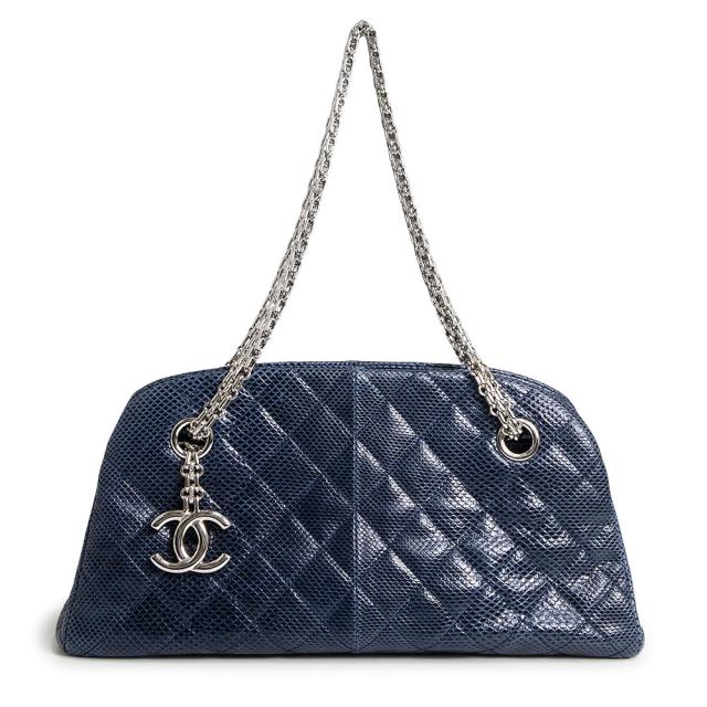 （美品）CHANEL シャネル A49853 マドモアゼル スモール ボーリングバッグ マトラッセ リザード ブルー 2Way チェーン ショルダー ハンドバッグ エキゾチックレザー シルバー金具