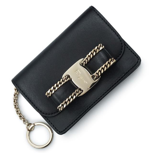 （新品・未使用品）Salvatore Ferragamo サルヴァトーレフェラガモ 22D760 ヴァラ リボン カーフスキン ネロ ブラック キーリング付き カードケース 名刺入れ 定期入れ パスケース レザー ゴールド金具