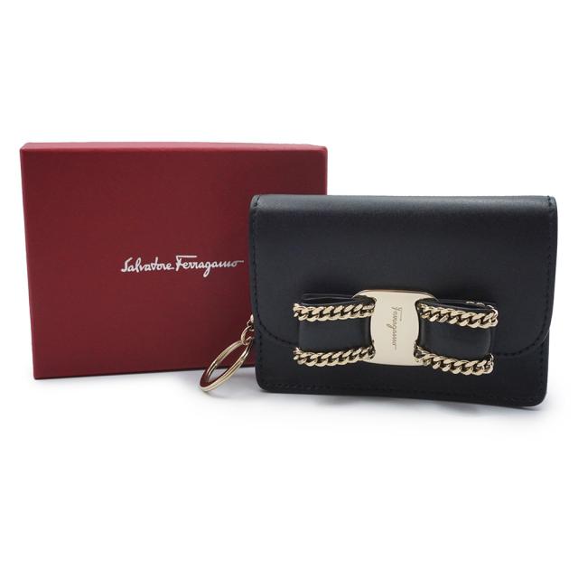 （新品・未使用品）Salvatore Ferragamo サルヴァトーレフェラガモ 22D760 ヴァラ リボン カーフスキン ネロ ブラック キーリング付き カードケース 名刺入れ 定期入れ パスケース レザー ゴールド金具_1
