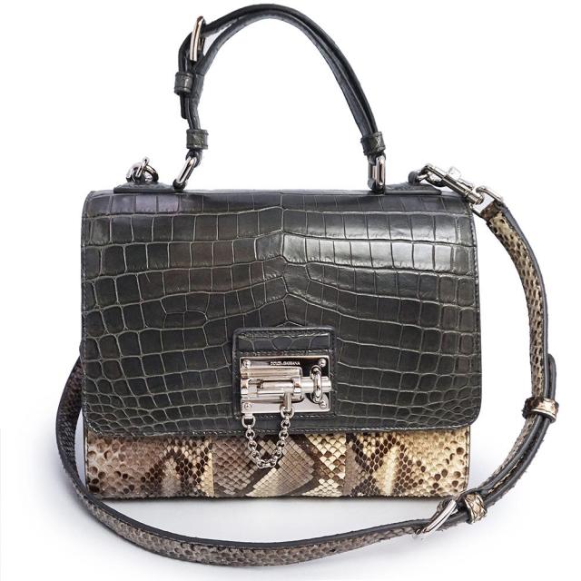 （未使用　展示品）DOLCE&amp;GABBANA ミス モニカ クロコダイル パイソン カーフスキン グレー ベージュ 2WAY ショルダー ハンドバッグ 斜め掛け エキゾチックレザー レザー シルバー金具