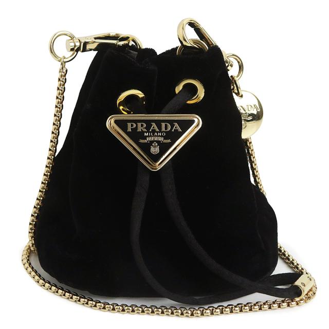 （未使用　展示品）PRADA プラダ 1NR016 ミニ チェーン ショルダーバッグ トライアングル 三角ロゴプレート ドローストリング 巾着 ベルベット ナイロン ブラック ポーチ ゴールド金具 箱付