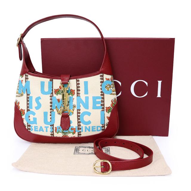 （未使用　展示品）GUCCI グッチ ？636706 ジャッキー 1961 100周年記念 レザー トリム クラウン ジャカード レッド アイボリー フラワー ショルダー ハンドバッグ 2way 斜め掛け ゴールド金具