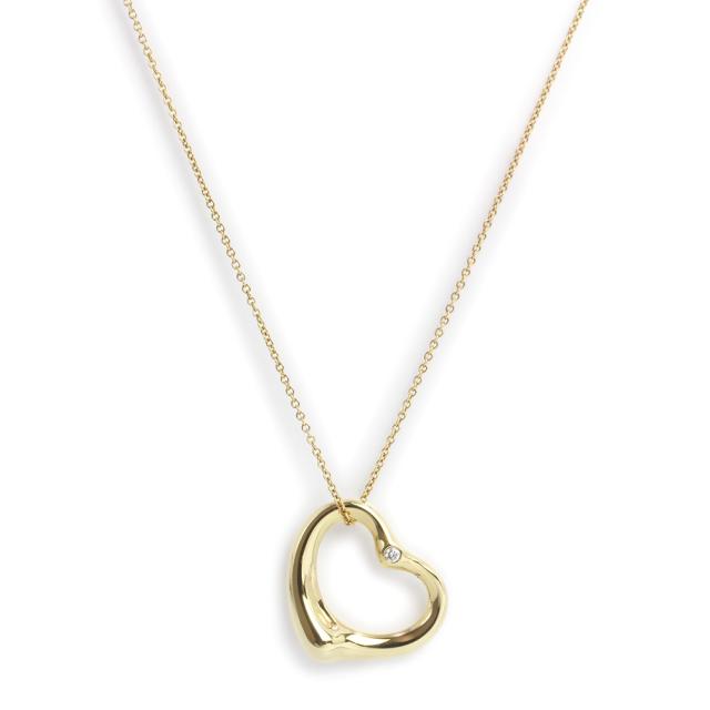 （中古）TIFFANY&amp;Co. ティファニー エルサ ペレッティ オープンハート 22MM ペンダント K18YG 750 2Pダイヤモンド イエローゴールド ネックレス 箱付