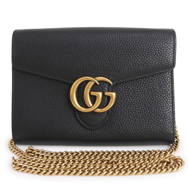 （未使用　展示品）GUCCI グッチ 401232 GGマーモント カーフスキン ブラック ショルダーバッグ チェーンウォレット 長財布 斜め掛け レザー アンティークゴールド金具