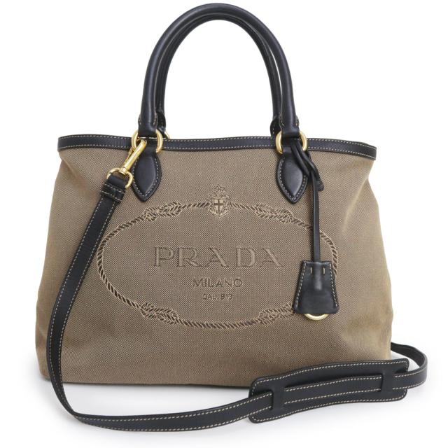 （美品）PRADA プラダ 1BA579 カーフスキン ロゴジャガード コルダ ネロ ブラウン ブラック 2way ショルダー 斜め掛け トートバッグ レザー ゴールド金具