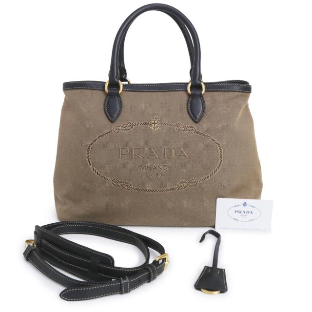 （美品）PRADA プラダ 1BA579 カーフスキン ロゴジャガード コルダ ネロ ブラウン ブラック 2way ショルダー 斜め掛け トートバッグ レザー ゴールド金具_1