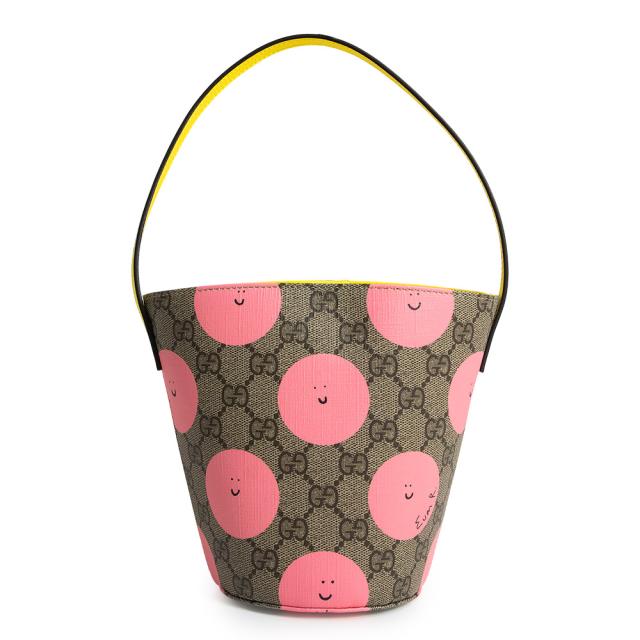 （新品・未使用品）GUCCI グッチ 752356 チルドレンズ Euan Roberts ユアン ロバーツ コラボ スマイル プリント バケット GGスプリームキャンバス ベージュ ピンク イエロー ハンドバッグ シルバー金具