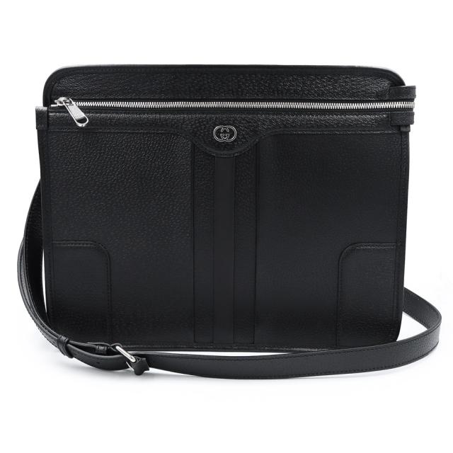 （未使用　展示品）GUCCI グッチ 735111 インターロッキングG ブリーフケース メッセンジャーバッグ レザー ブラック 斜め掛け シルバー金具