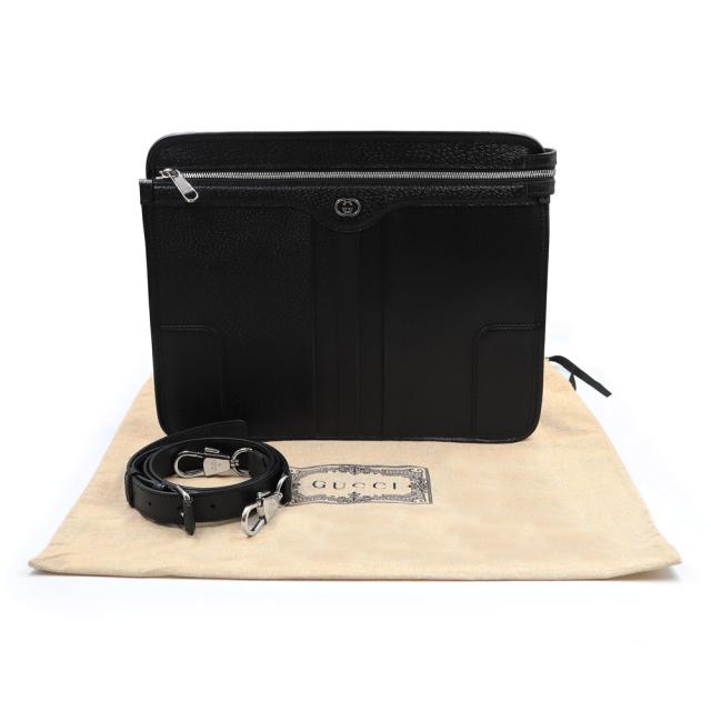 （未使用　展示品）GUCCI グッチ 735111 インターロッキングG ブリーフケース メッセンジャーバッグ レザー ブラック 斜め掛け シルバー金具
