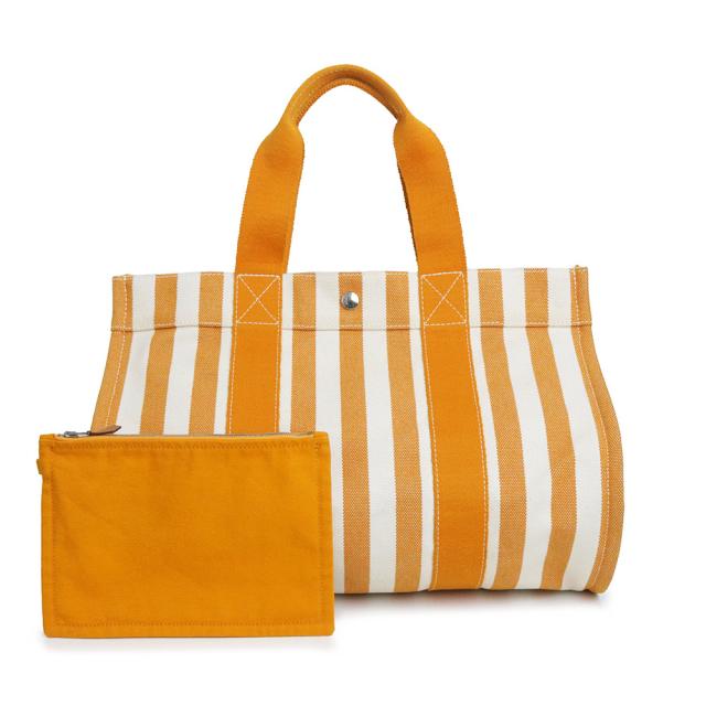 （中古）HERMES エルメス カンヌ MM コットン100％ キャンバス オレンジ ホワイト ハンドバッグ シルバー金具