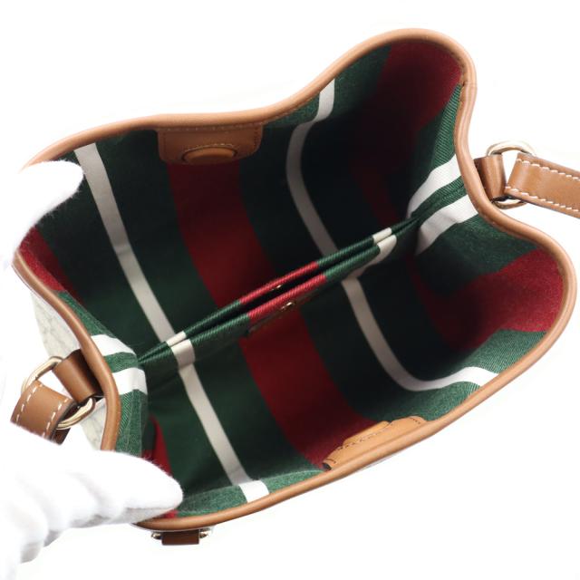 （未使用　展示品）GUCCI グッチ 815118 GGエンブレム スモール バケット 2WAY GGスプリームキャンバス レザー エボニー  ブラウン ベージュ ショルダー ハンドバッグ 斜め掛け ゴールド金具_1
