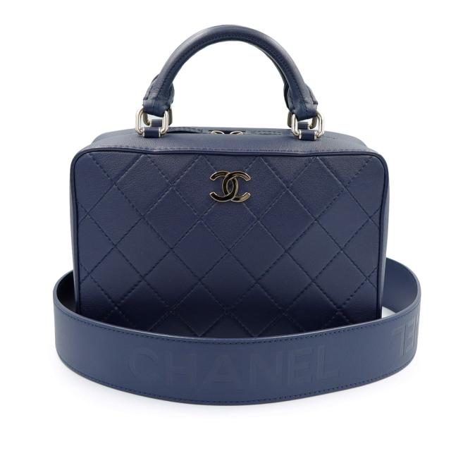 （美品）CHANEL シャネル AS1286 ココマーク マトラッセ スクエア バニティケース ヴァニティケース カーフスキン ネイビー 2WAY ショルダー ハンドバッグ 斜め掛け レザー ゴールド金具