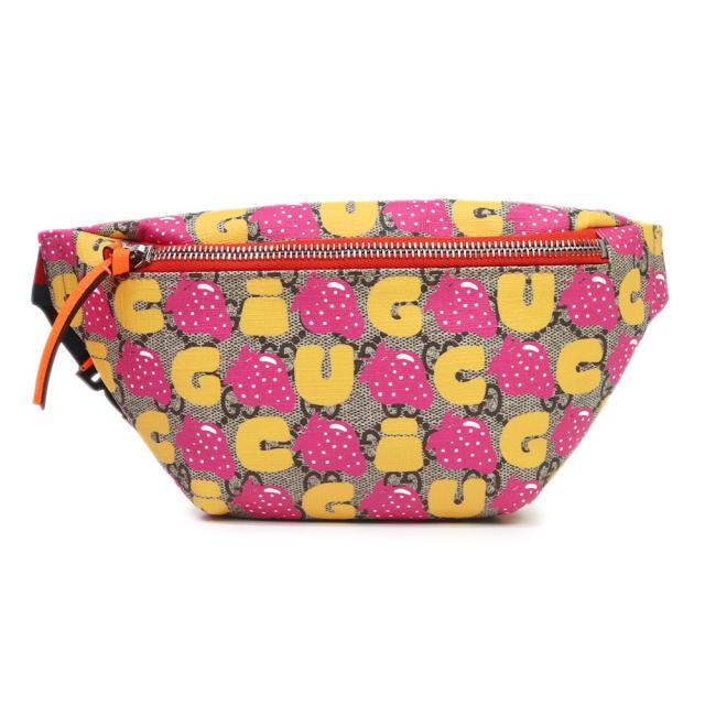 （未使用保管品）GUCCI グッチ 502095 チルドレンズ ストロベリー いちご プリント GGスプリームキャンバス ピンク ベージュ イエロー ベルト ウエストバッグ シルバー金具