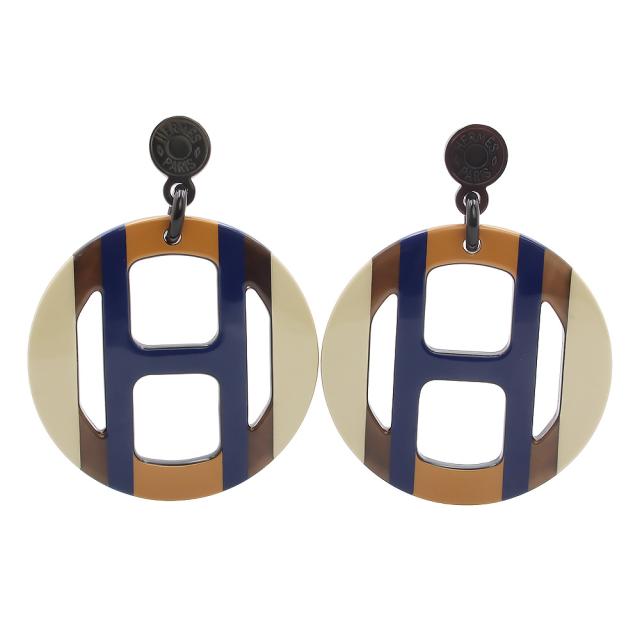 （新品・未使用品）HERMES エルメス Hエキップ バッファローホーン ラッカーウッド サブレマリン ベージュ ブルー ブラウン ピアス シルバー金具 箱付