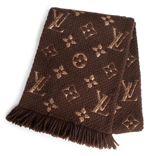 （美品）LOUIS VUITTON ルイ ヴィトン M71383 エシャルプ ロゴマニア シャイン ウール シルク マロン ブラウン ストール マフラー