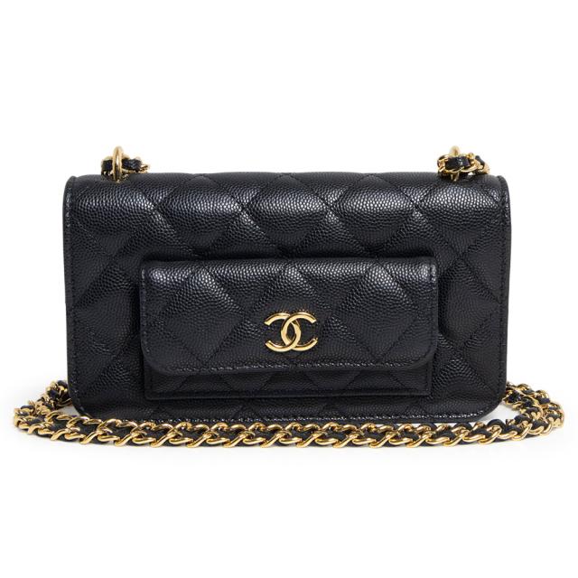 （美品）CHANEL シャネル AP3465 ココマーク マトラッセ キャビアスキン ブラック チェーンウォレット 2Way 斜め掛け ショルダーバッグ 財布 レザー ゴールド金具