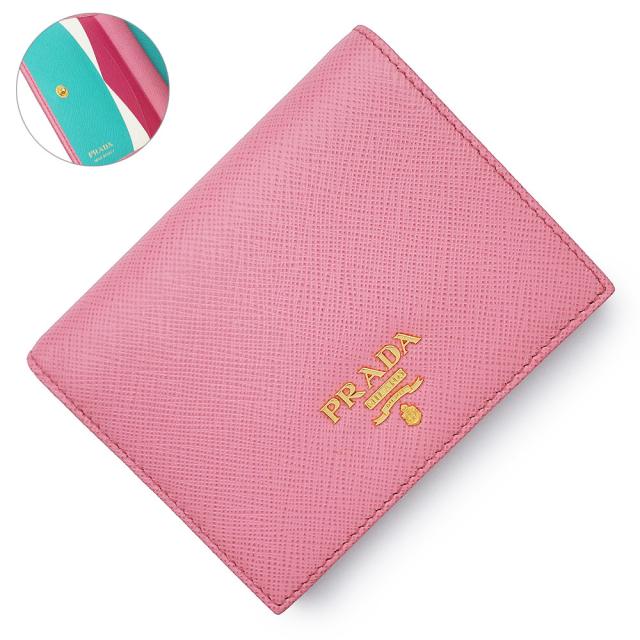 （未使用保管品）PRADA プラダ 1MV204 サフィアノ サフィアーノ マルチカラー ベゴニア フューシャ ピンク コンパクト 二つ折り財布 カーフレザー ゴールド金具 箱付