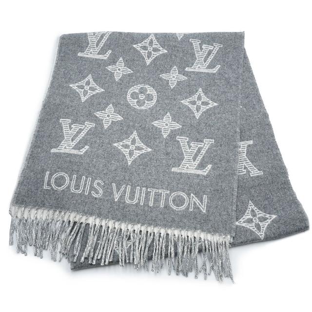 （新品・未使用品）LOUIS VUITTON ルイ ヴィトン M79126 モノグラム シャドウ ウール 90% カシミヤ 10% グリ グレー ホワイト マフラー フリンジ