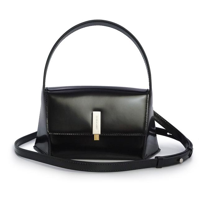 （未使用　展示品）Salvatore Ferragamo サルヴァトーレフェラガモ 213971 ジオメトリック カーフスキン ブラック ミニ ショルダー ハンドバッグ 斜め掛け レザー シルバー ゴールド金具